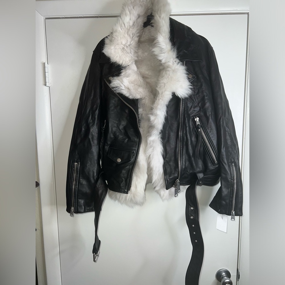$1675 All Saints Luna 4 In 1 Shearling Vest Leather Biker Jacket Sz UK 16/US 12